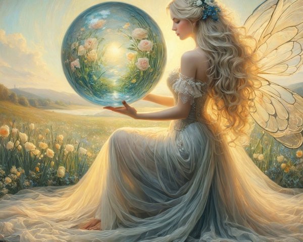 Fairy in a Meadow with Crystal Orb and Butterfly Wings