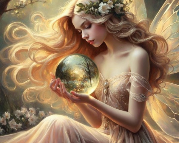 Fairie in Gown with Crystal Ball in Pastel Forest