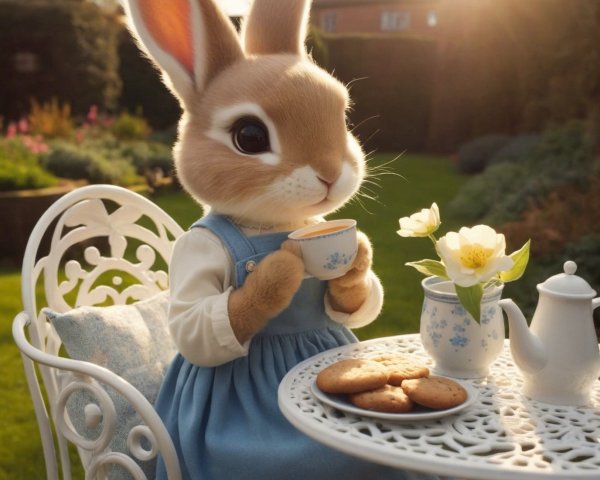 Anthropomorphic bunny enjoying tea in a garden setting