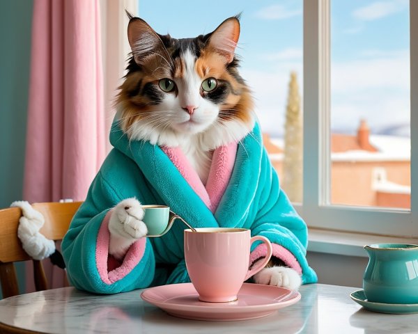Calico Cat in Turquoise Bathrobe by Window with Tea