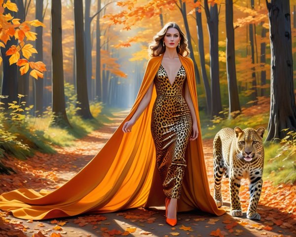 Confident Woman in Leopard-Print Gown in Autumn Forest