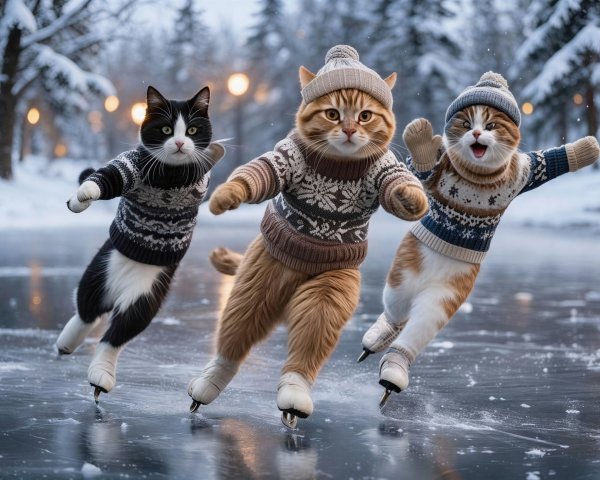 Cats Ice Skating on a Frozen Pond at Night