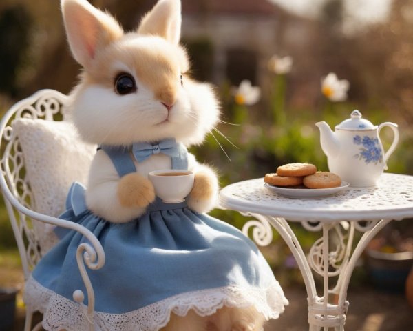 Rabbit in Blue Dress on Vintage Chair in Garden