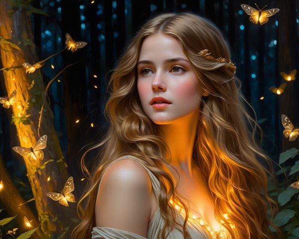 Young Woman in Ethereal Dress in Dark Forest Setting