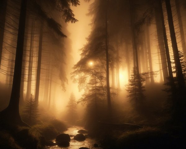 Misty Forest with Golden Glow and Gentle Stream