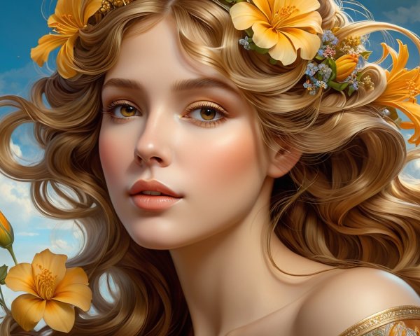 Portrait of a woman with golden curls and flowers