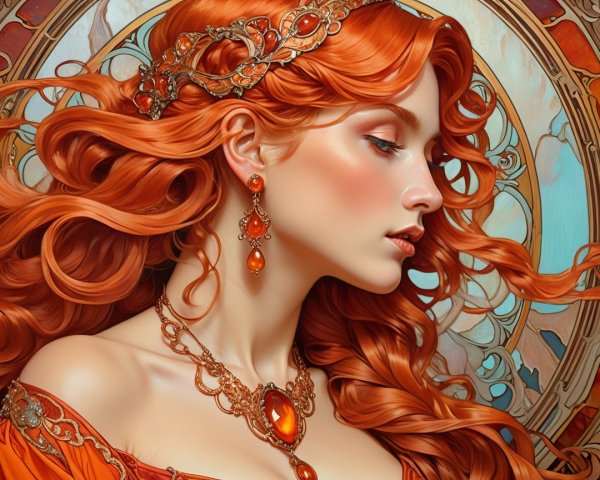 Profile Portrait of a Woman with Red Hair and Jewelry