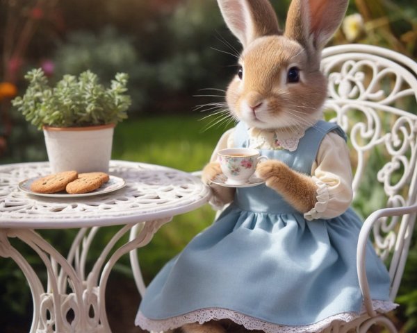 Charming Rabbit in Blue Dress at Garden Table