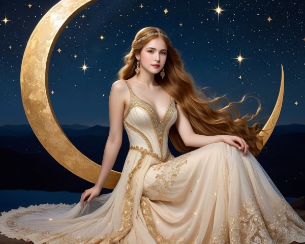 Ethereal Scene of a Woman on a Crescent Moon