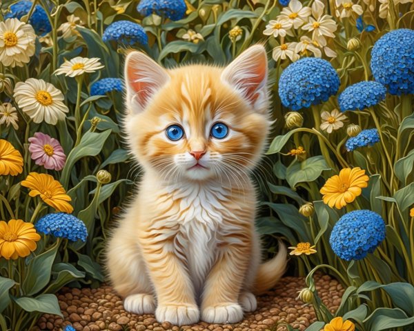 Orange Kitten in a Colorful Flower Garden