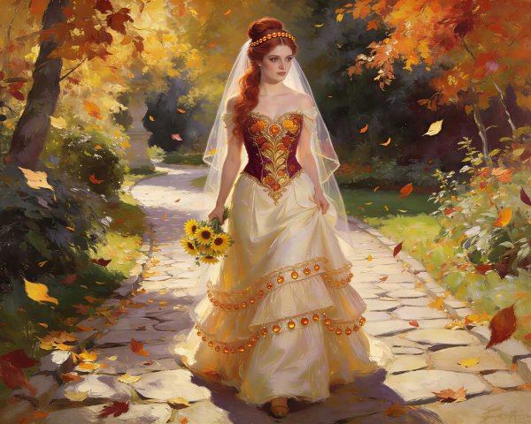 Woman in Autumn Forest with Sunflowers and Colorful Trees