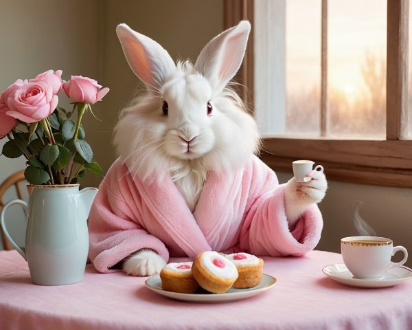 Charming rabbit at tea time with pastries and roses
