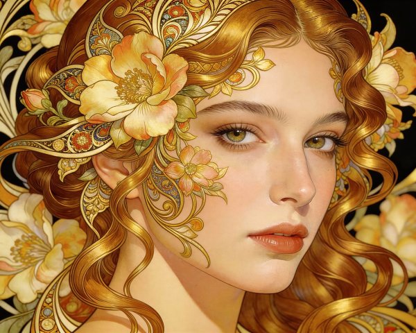 Art Nouveau Portrait of a Woman with Floral Design