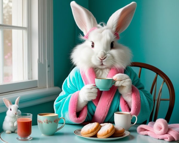 Fluffy Rabbit in Blue Robe Enjoying Pastries and Drink