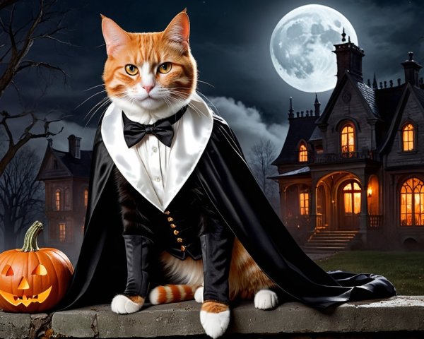 Orange and white cat in vampire costume by mansion