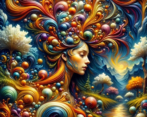 Vibrant Abstract Composition of Woman's Profile and Nature