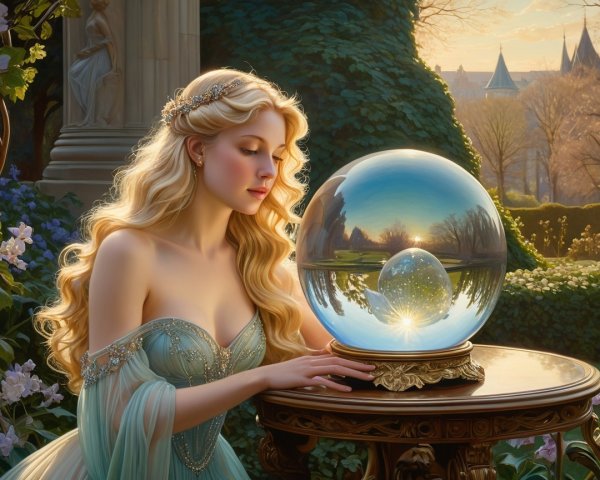 Young Woman Gazing at Crystal Ball in Enchanted Scene