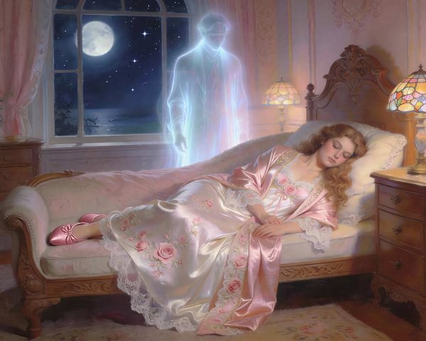 Oil Painting of a Woman Sleeping with Ghostly Figure