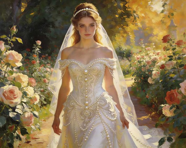 Oil Painting of a Young Woman in Pearl-Detail Dress