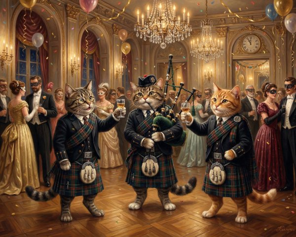 Anthropomorphic Cats at a Scottish Masquerade Ball