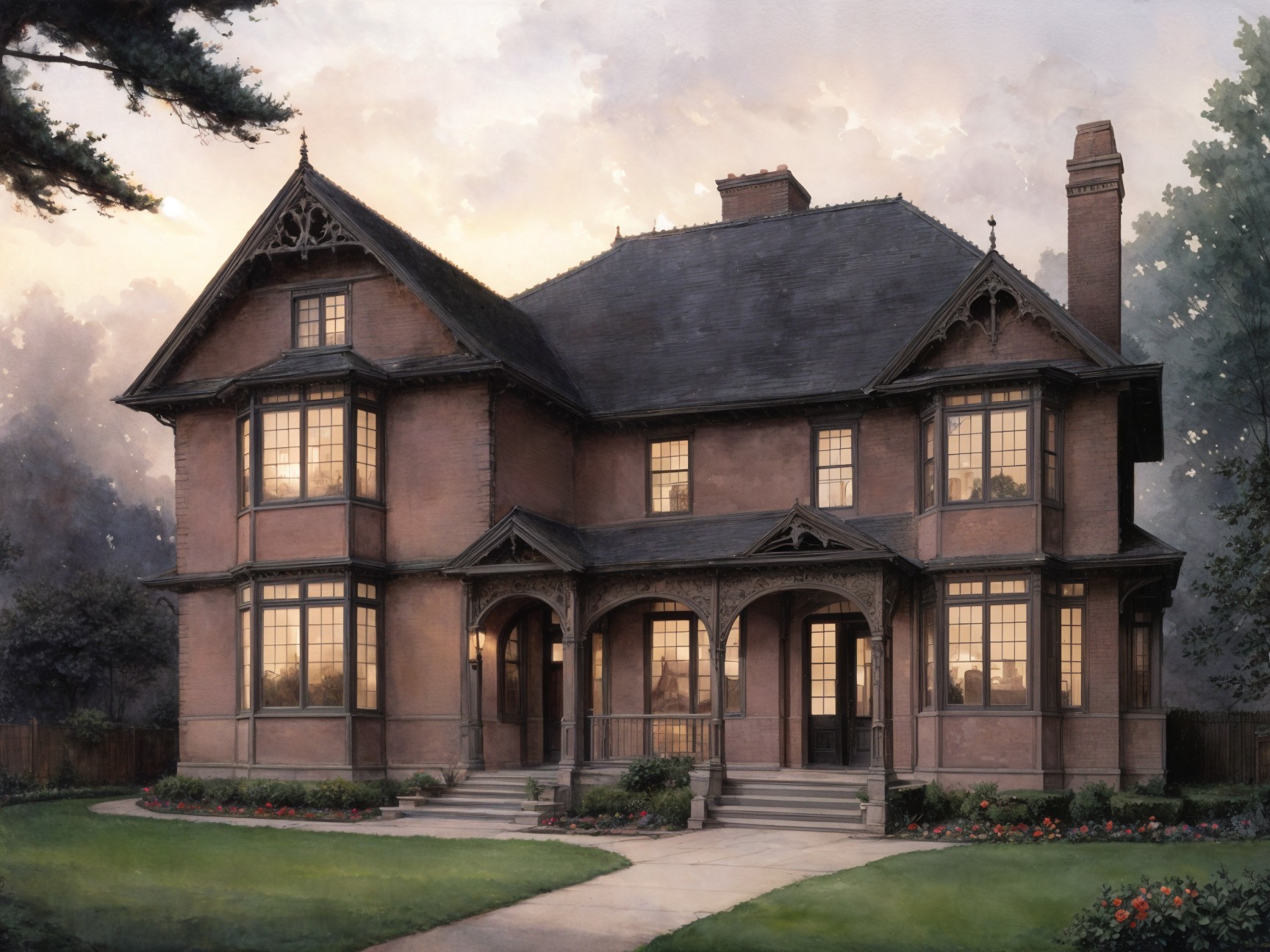 Victorian-style house with intricate details and garden