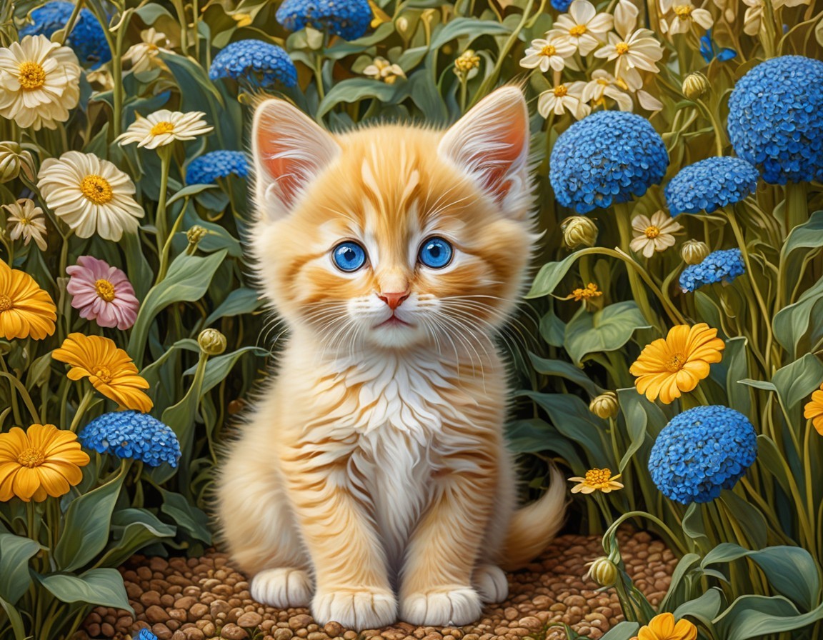 Orange Kitten in a Colorful Flower Garden