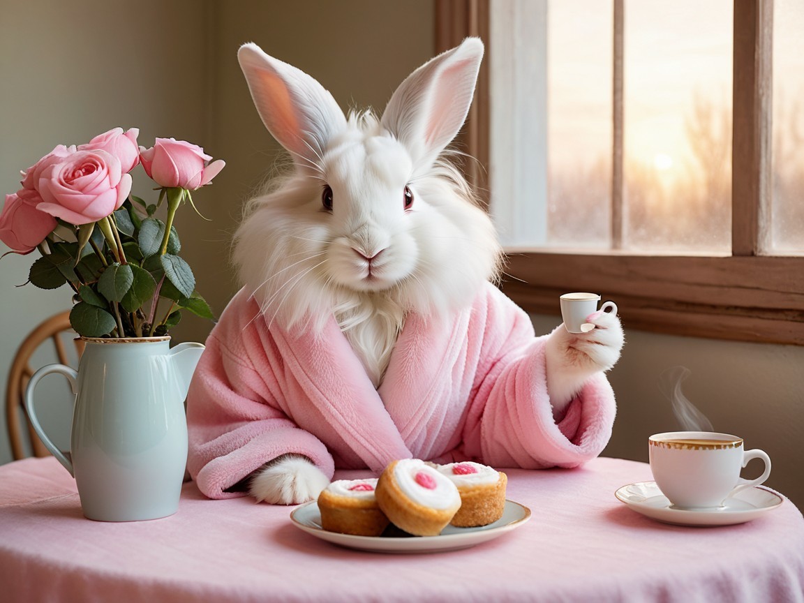 Charming rabbit at tea time with pastries and roses