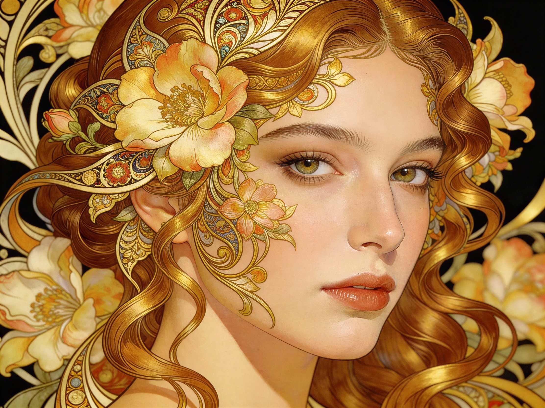 Art Nouveau Portrait of a Woman with Floral Design