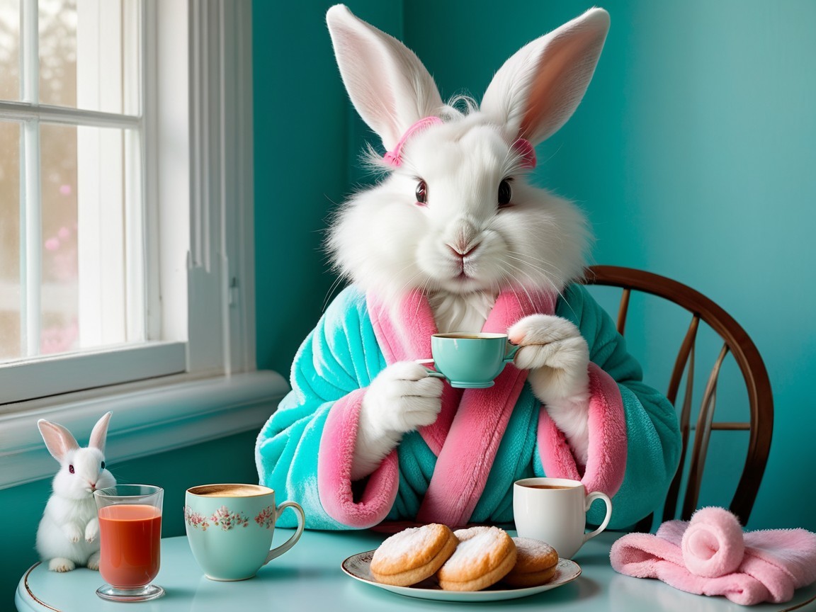 Fluffy Rabbit in Blue Robe Enjoying Pastries and Drink