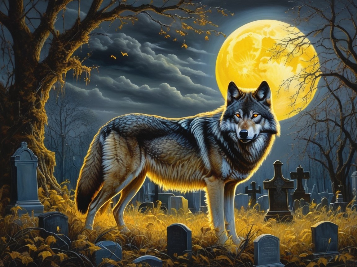 Wolf in Moonlit Graveyard with Mist and Gravestones