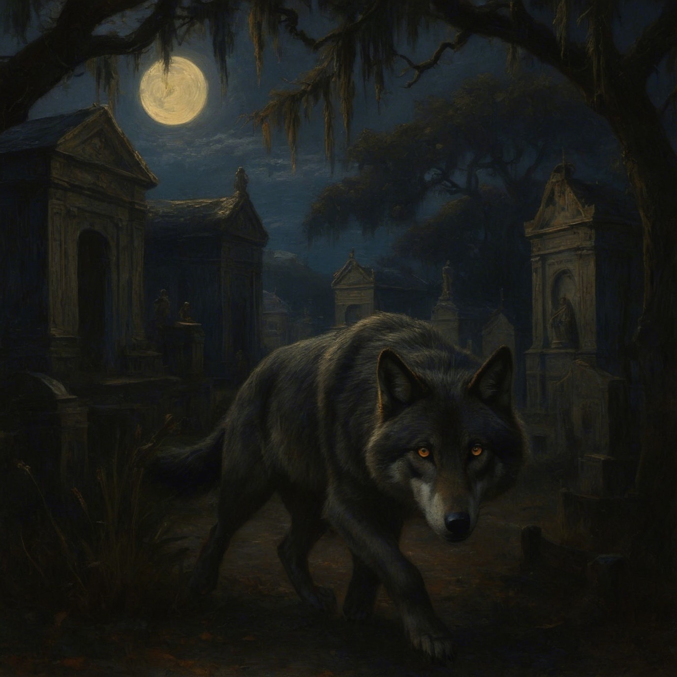 Lone Wolf in a Shadowy Graveyard Under Full Moon