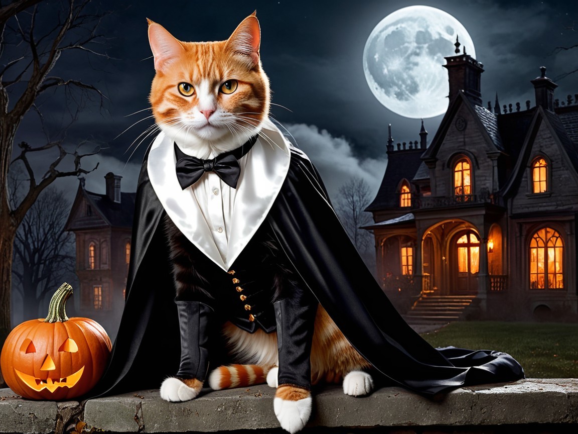 Orange and white cat in vampire costume by mansion