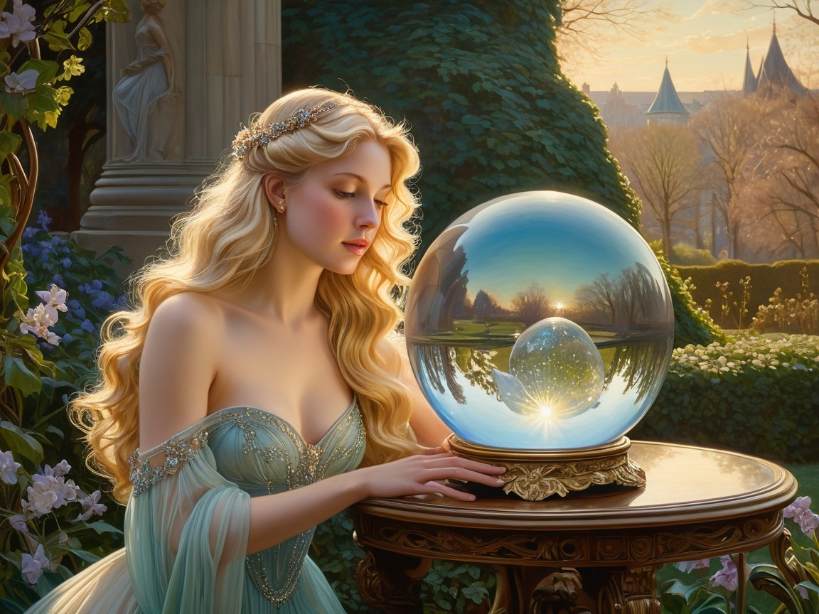 Young Woman Gazing at Crystal Ball in Enchanted Scene