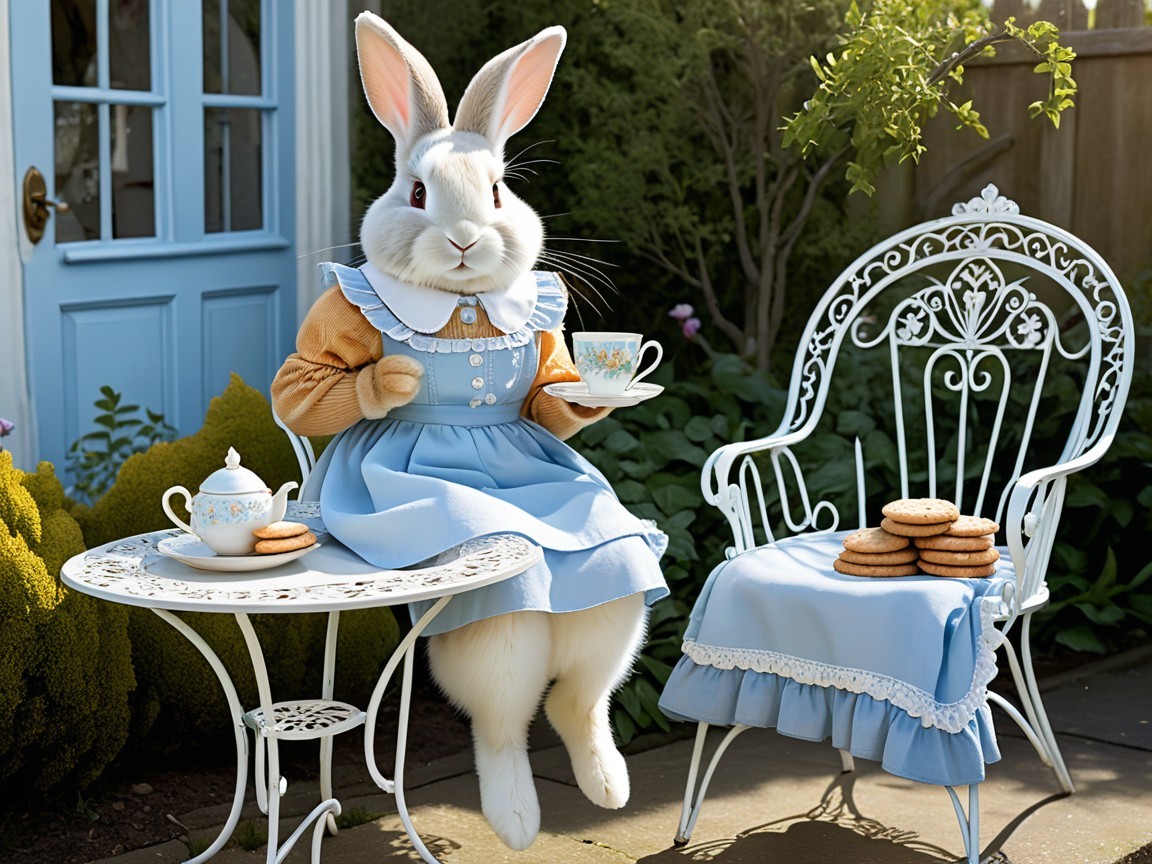 Whimsical Rabbit in a Garden Tea Setting