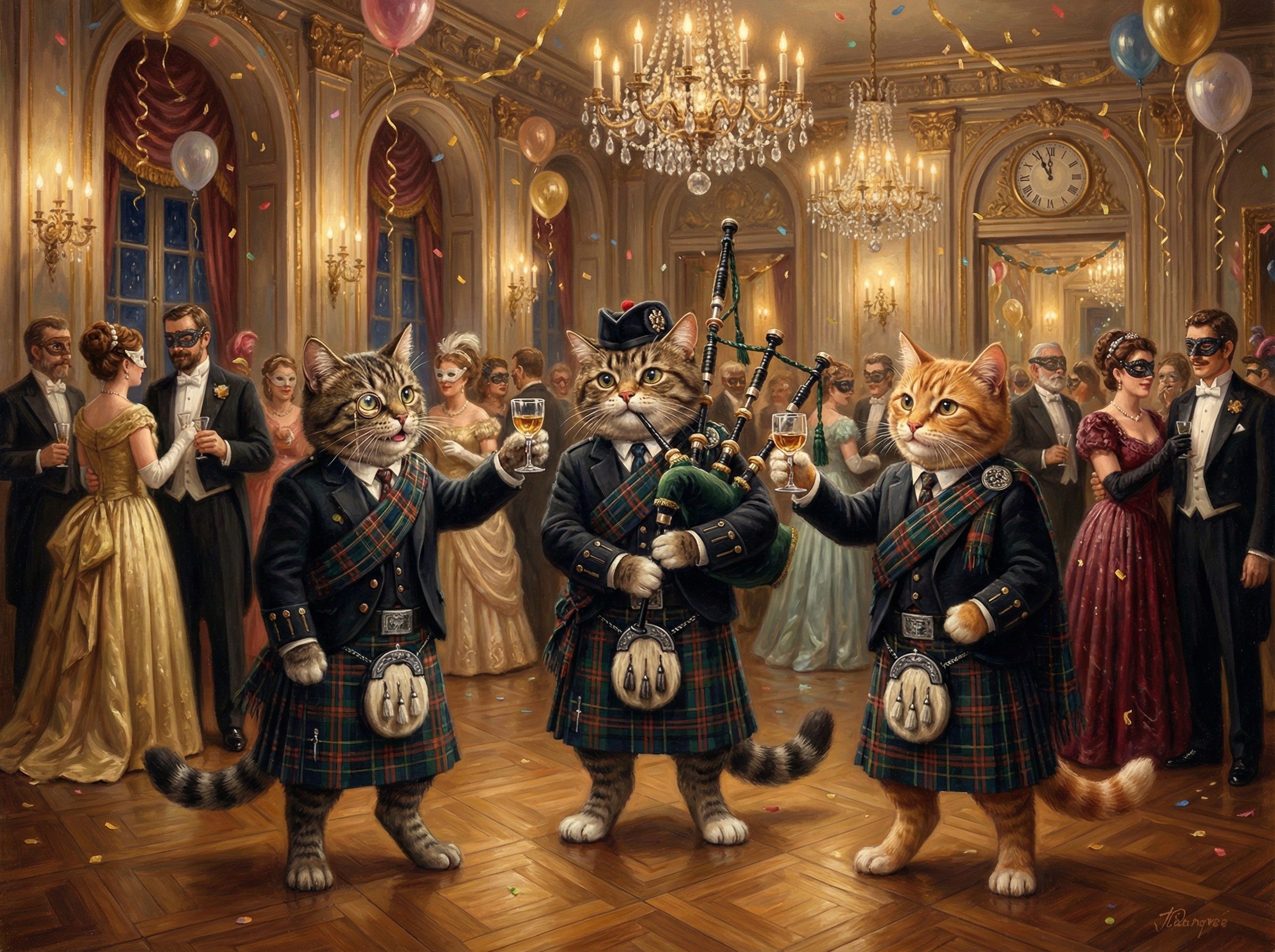 Anthropomorphic Cats at a Scottish Masquerade Ball