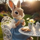 Anthropomorphic bunny enjoying tea in a garden setting