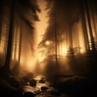 Misty Forest with Golden Glow and Gentle Stream