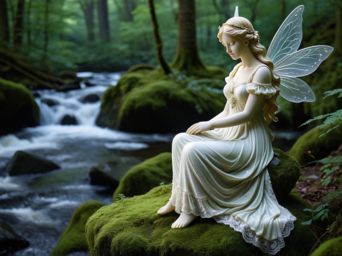 Fairy Statue on Mossy Rock by Flowing Stream