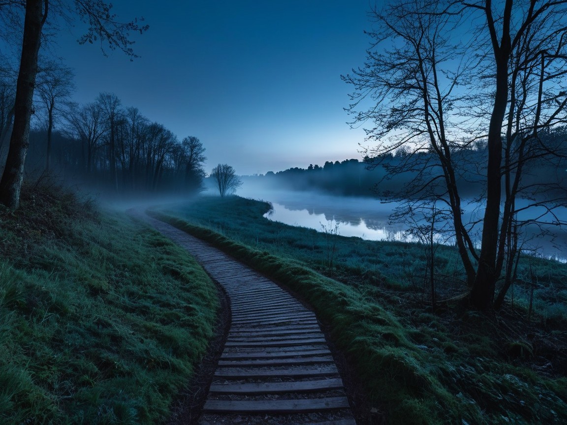 Foggy Pathway in a Serene Dawn Landscape