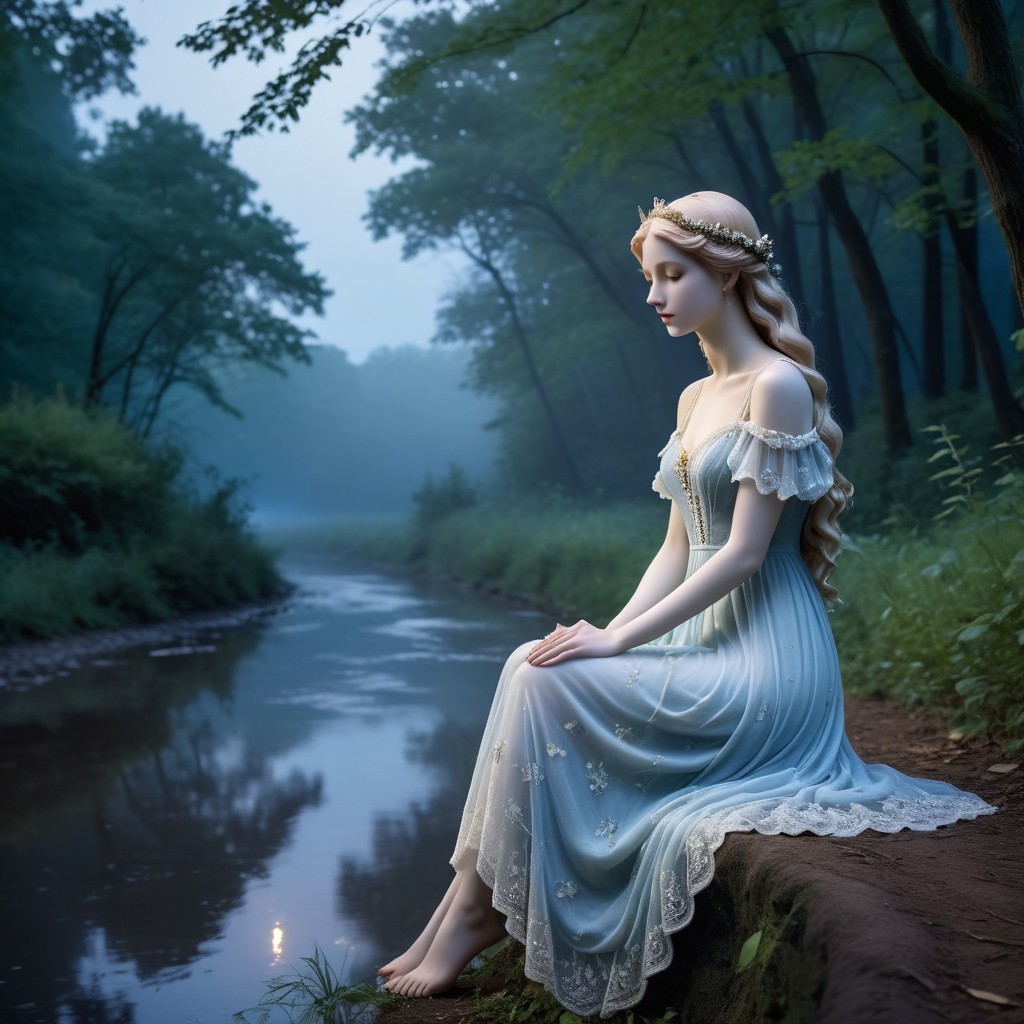 Serene Figure by a Calm River in Misty Landscape