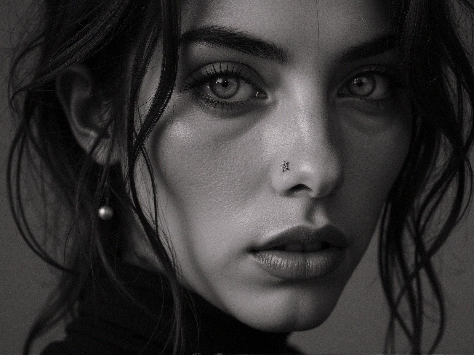 Black and White Portrait of a Young Woman with Piercing
