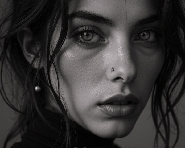 Black and White Portrait of a Young Woman with Piercing