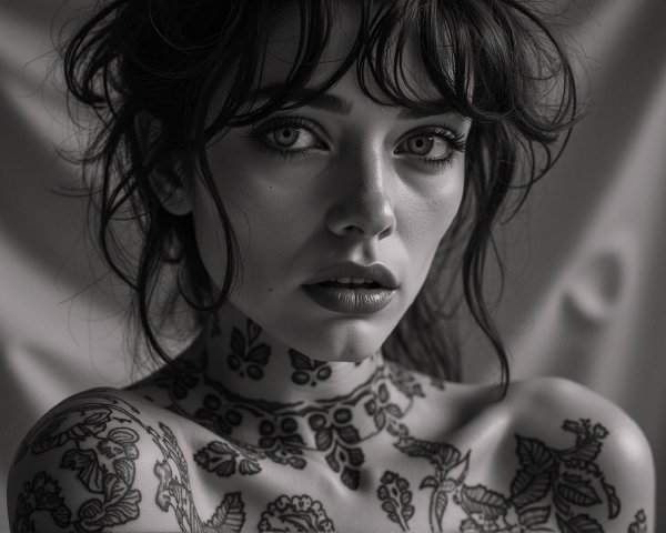 Portrait of a Woman with Floral Tattoos and Soft Focus