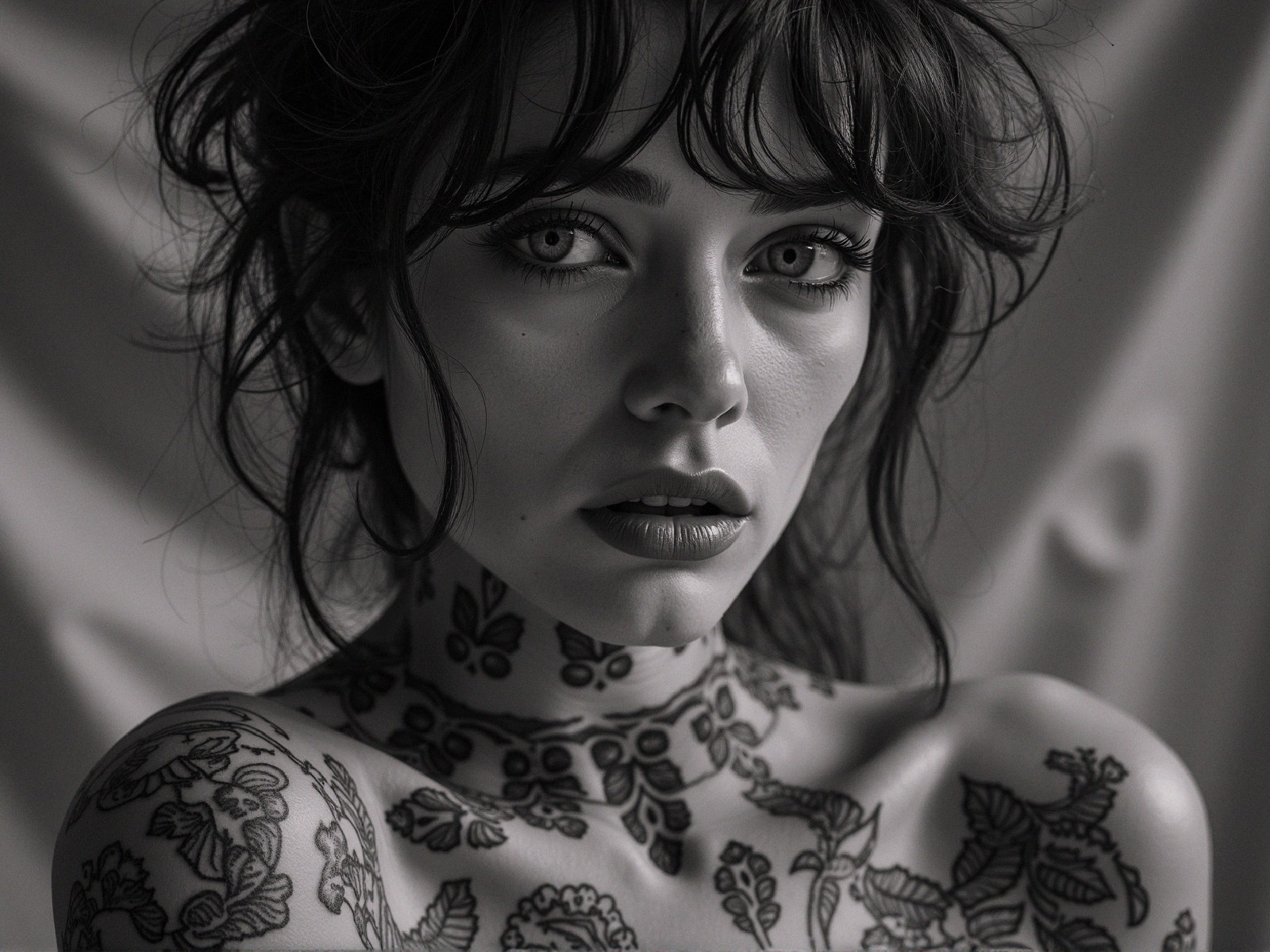 Portrait of a Woman with Floral Tattoos and Soft Focus