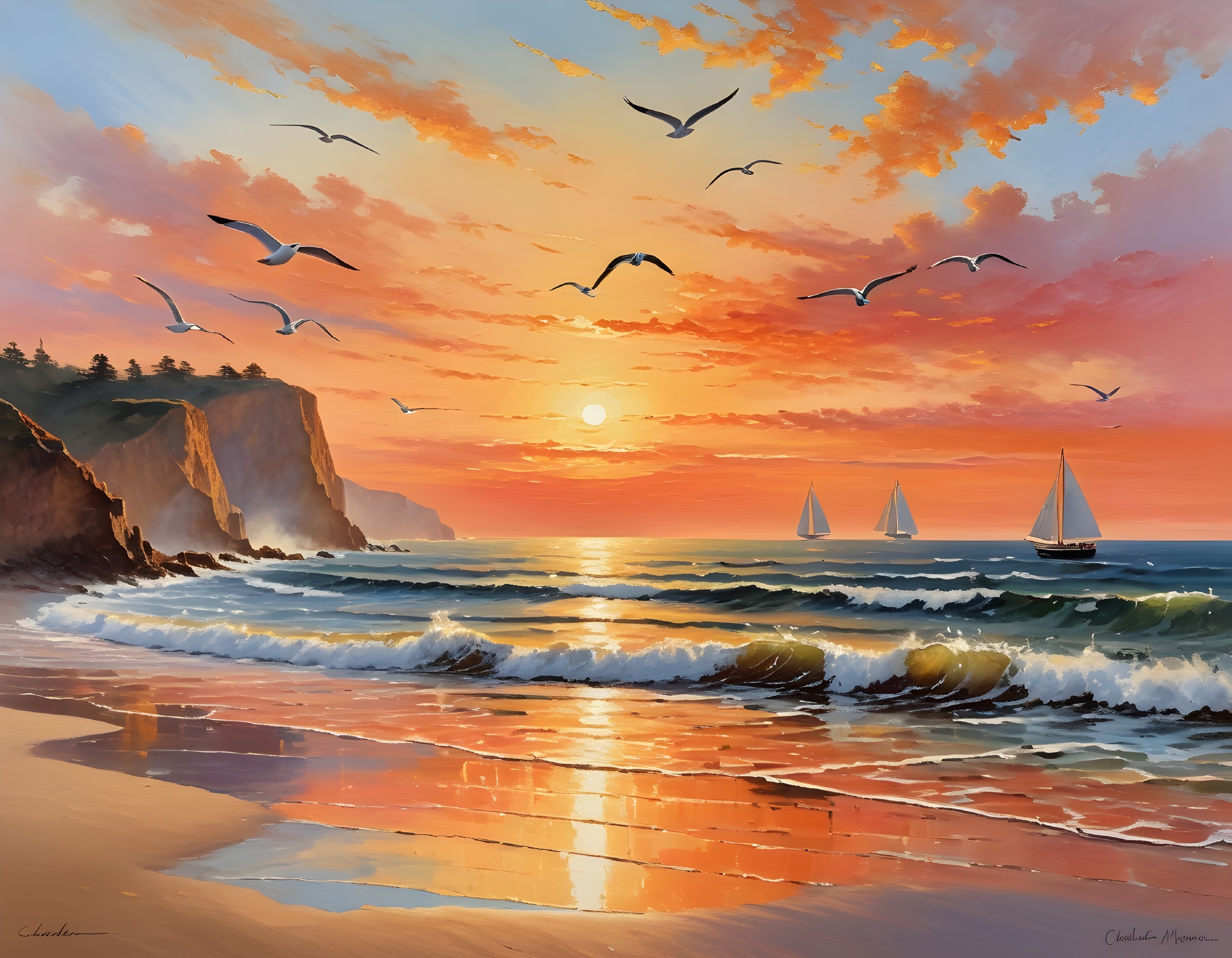 Tranquil Sunset Over Ocean with Sailboats and Seagulls