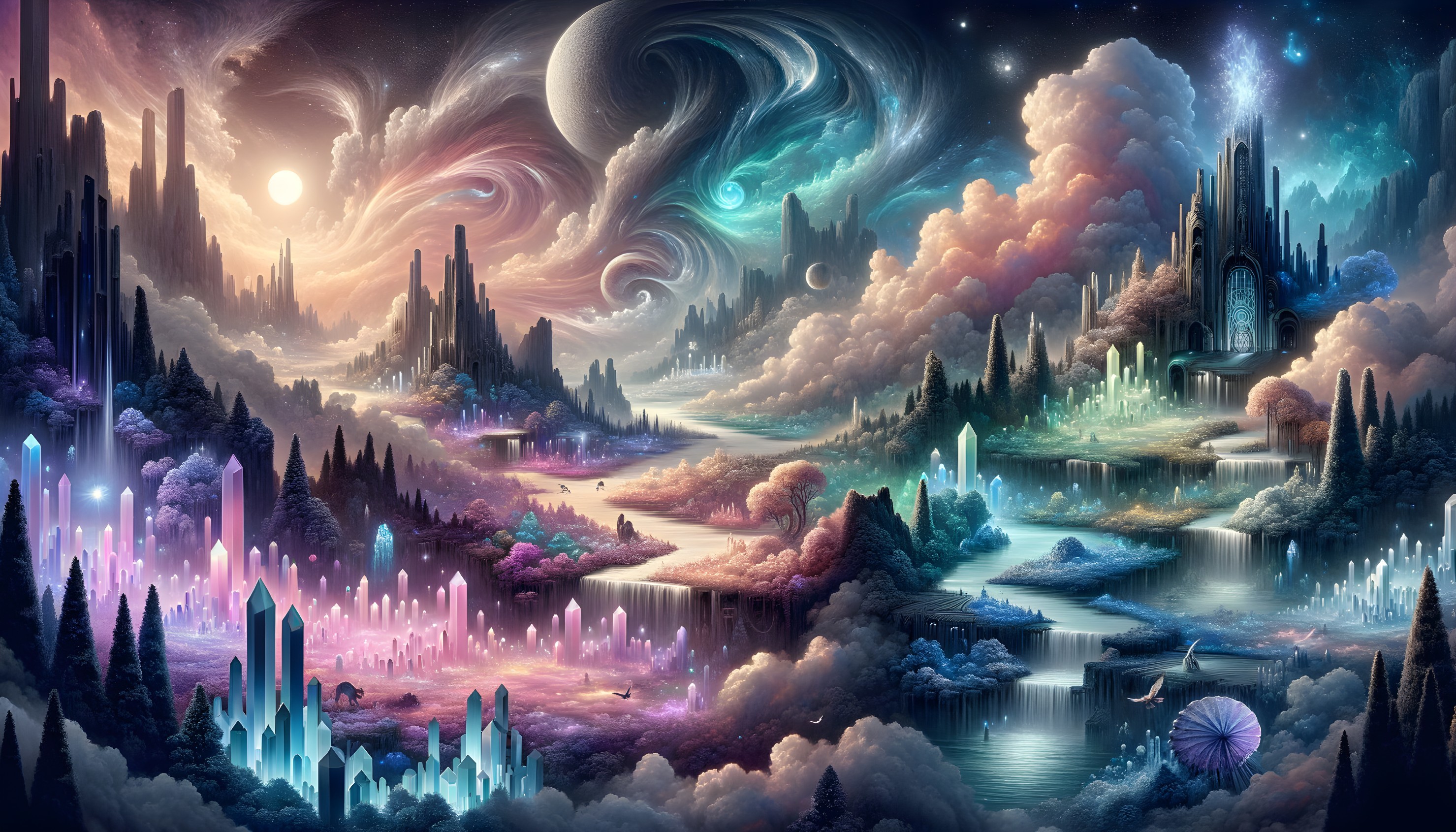 Vibrant Fantastical Landscape with Mountains and Crystals