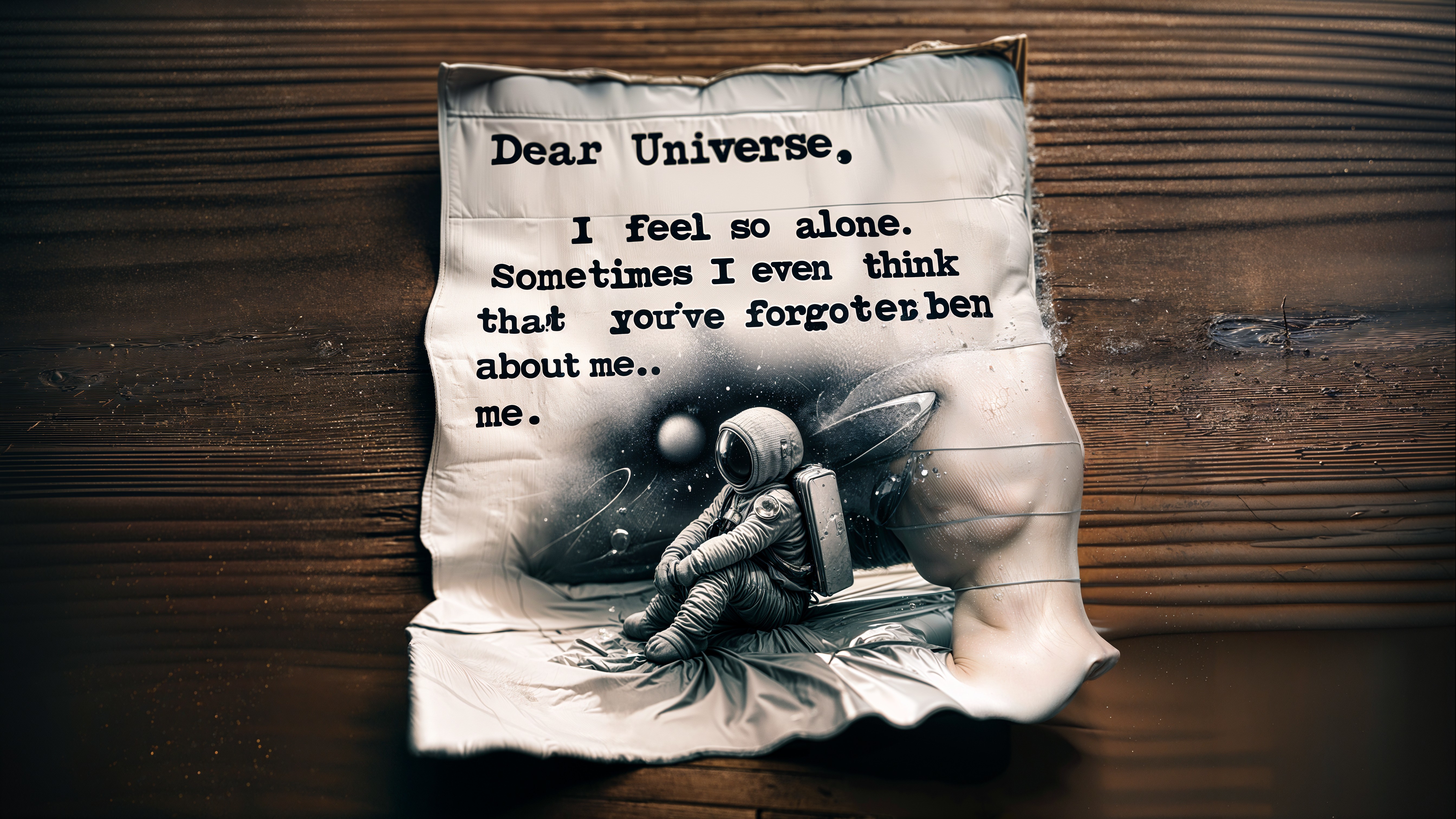 Crumpled Note and Astronaut Illustration on Wood