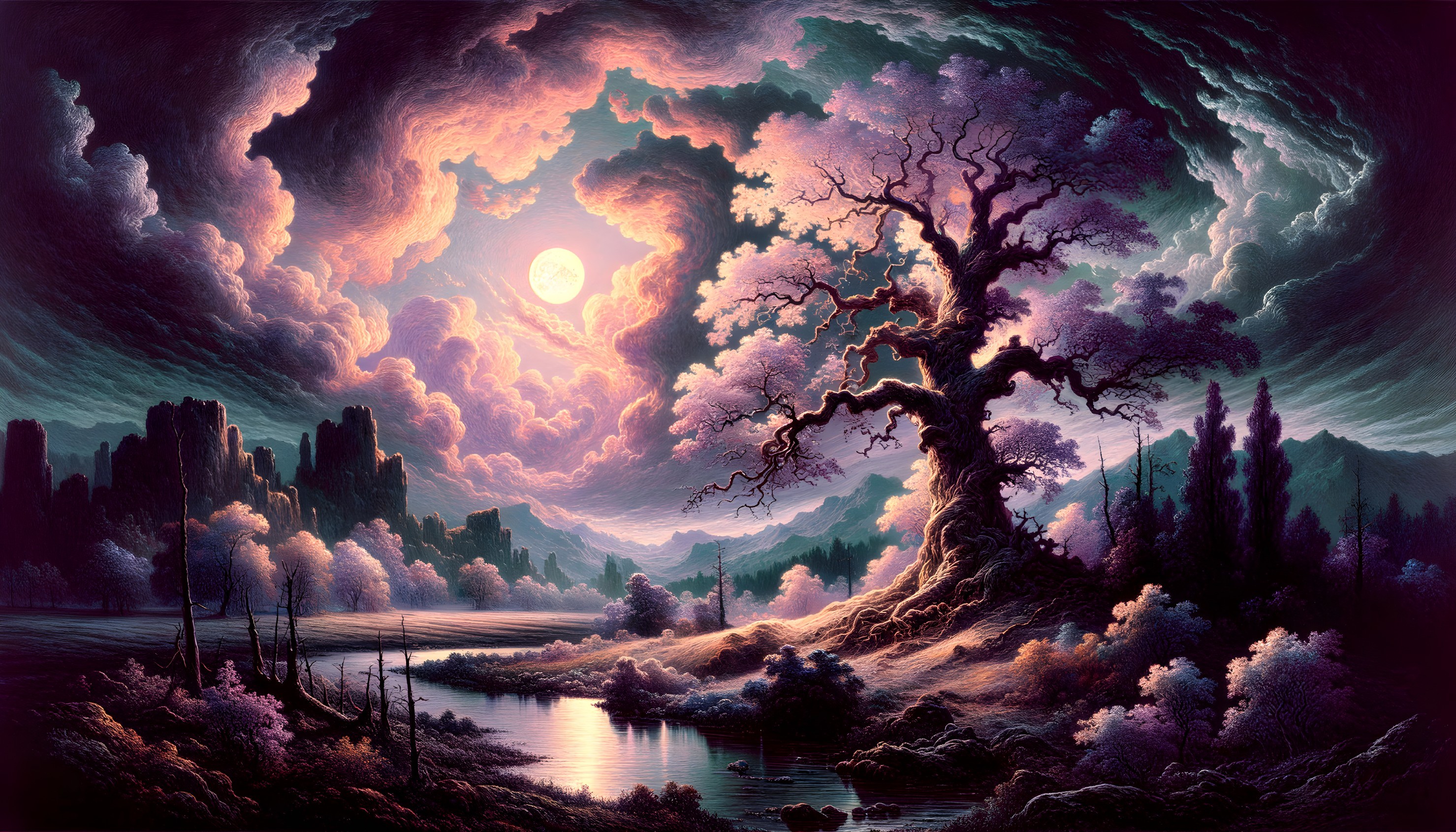 Mystical landscape with prominent tree and swirling pink sky