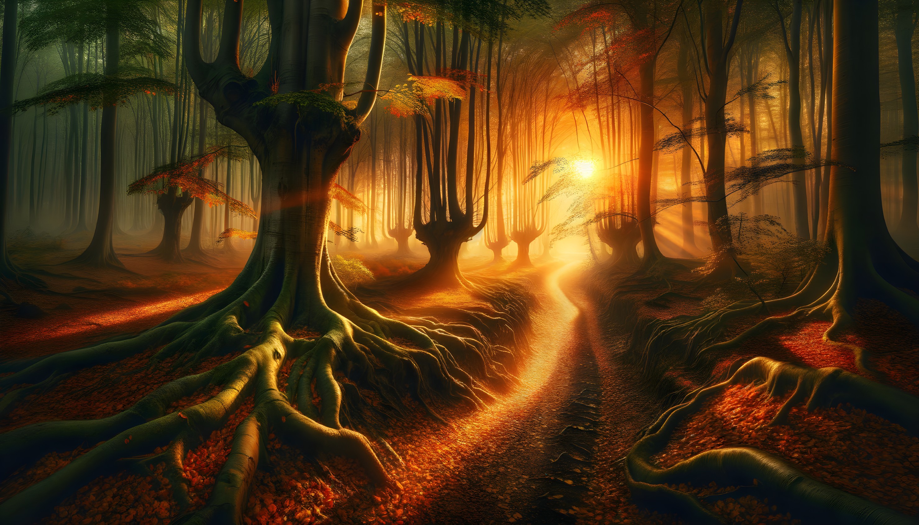 Mystical Forest with Golden Light at Sunset