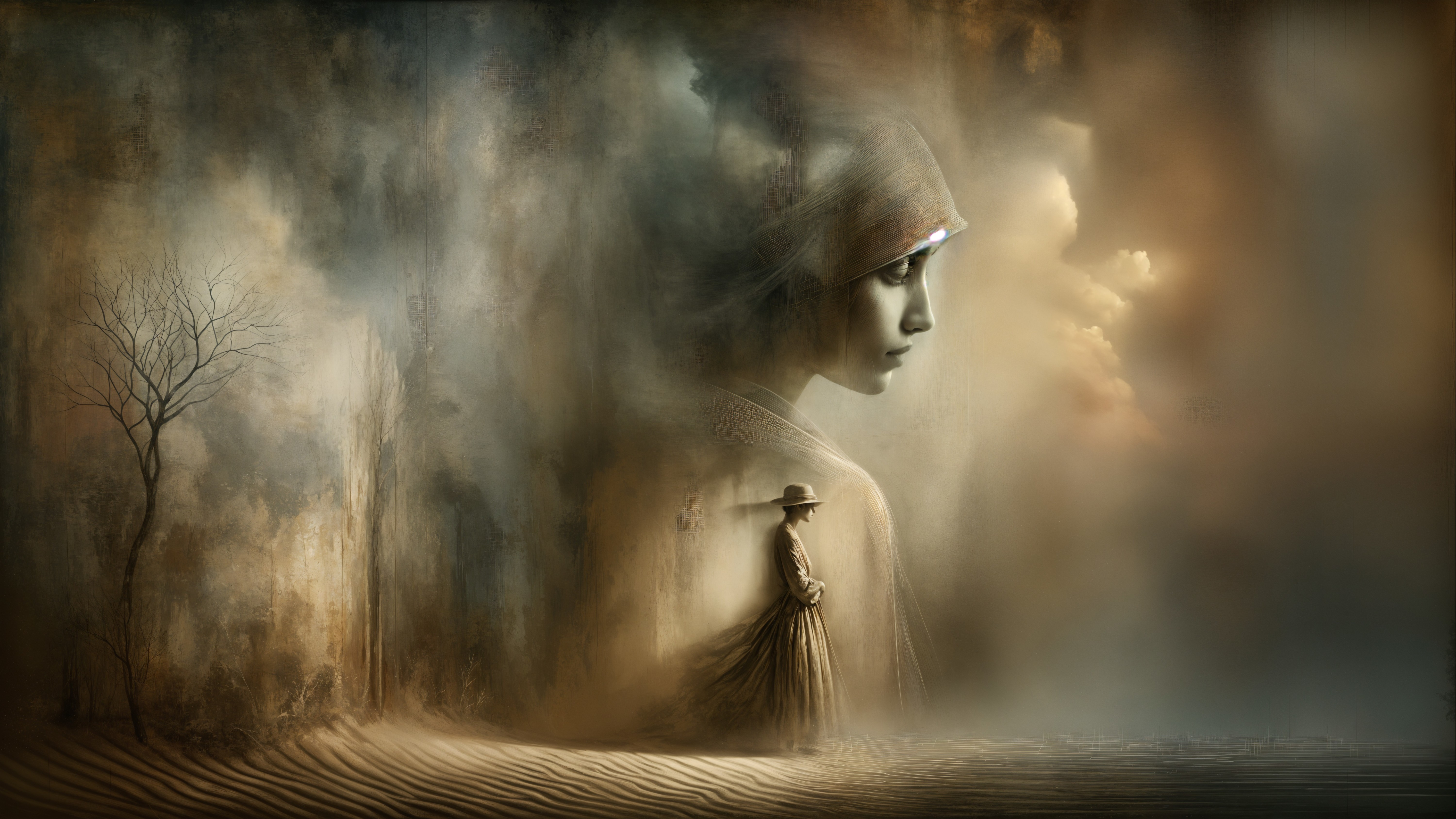Surreal Landscape with Cloaked Figure and Ethereal Forms